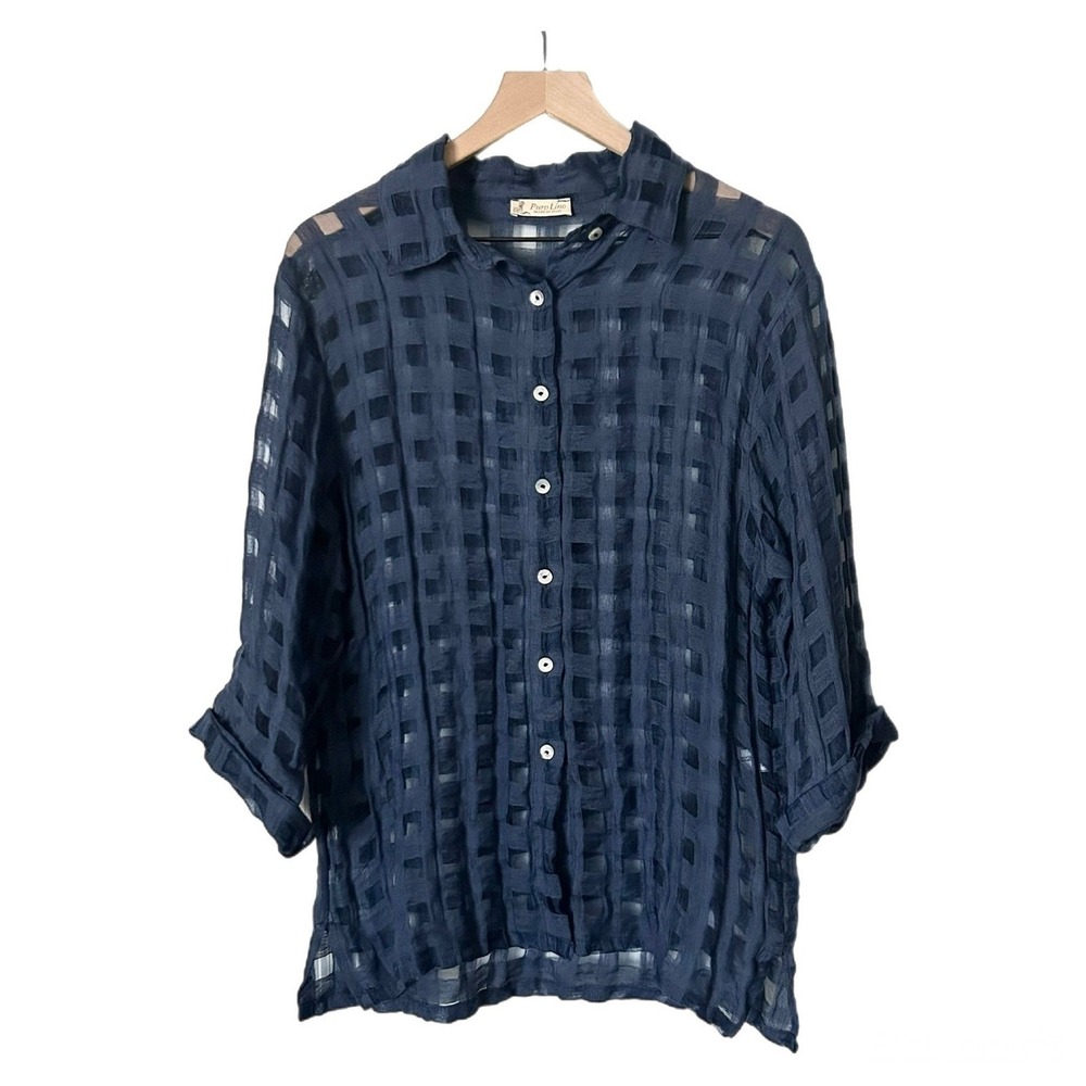 Puro Lino Navy Blue 100% Linen Sheer Check Button Down Shirt Made in Italy Sz M